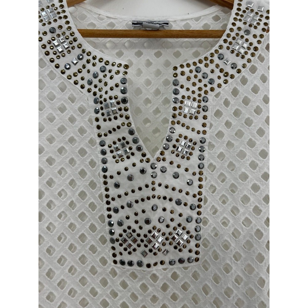 Mirror Image Cover Up‎ Tunic Womens L White Eyelet Beaded Split V-Neck Pullover